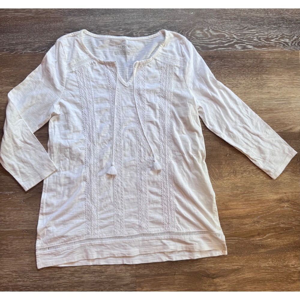 Talbots White 100% Cotton Slub Lace Crochet Tassel Tie Blouse Top Womens M